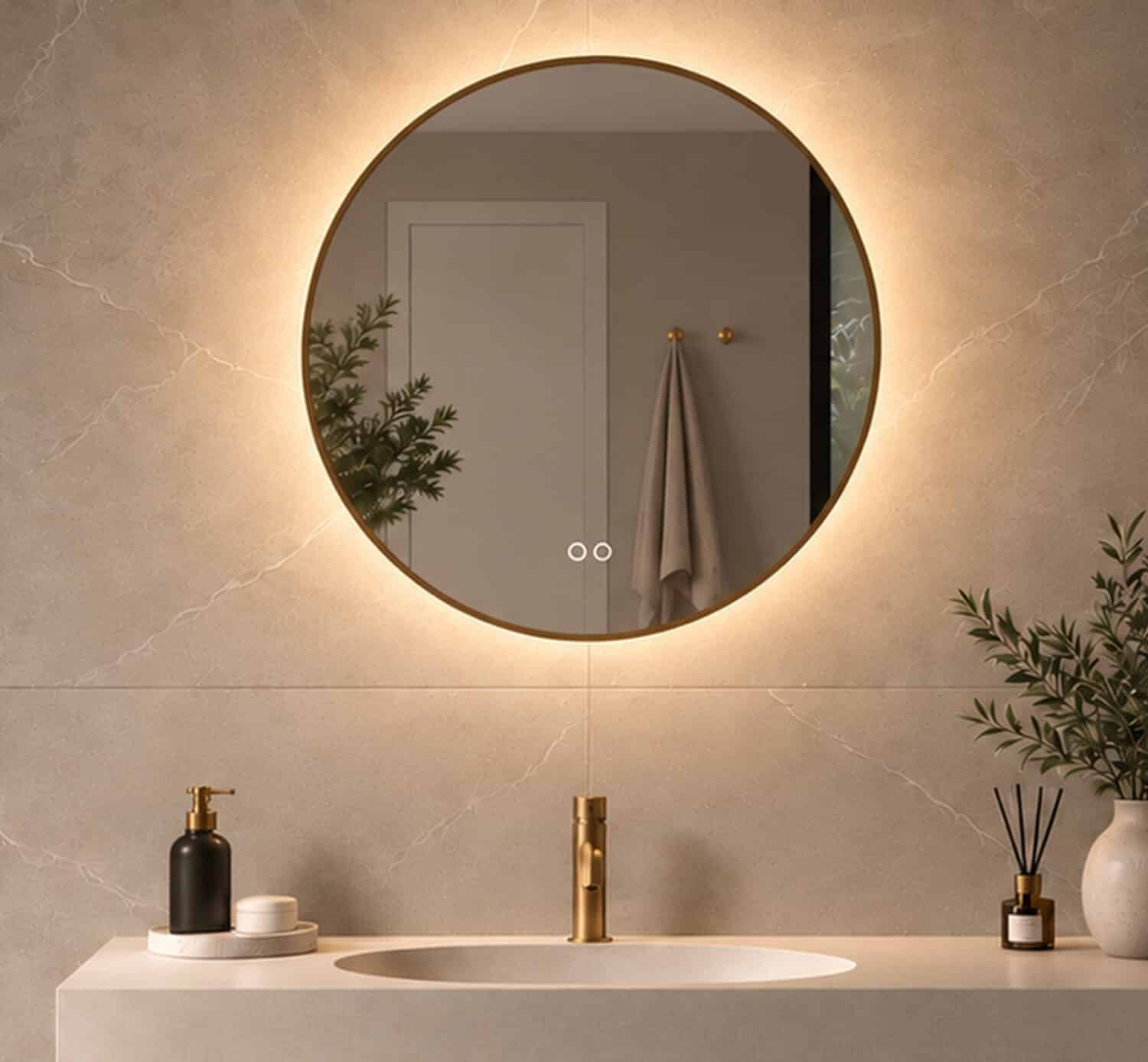 Ce magnifique Miroir salle de bain rond est doté d'un cadre en laiton aux belles finitions. De plus, le miroir est équipé d'un éclairage à intensité variable et d'un système antibuée.