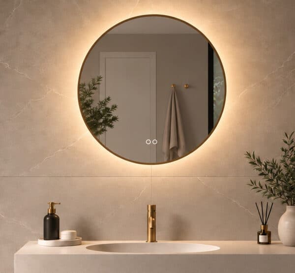Ce magnifique Miroir salle de bain rond est doté d'un cadre en laiton aux belles finitions. De plus, le miroir est équipé d'un éclairage à intensité variable et d'un système antibuée.
