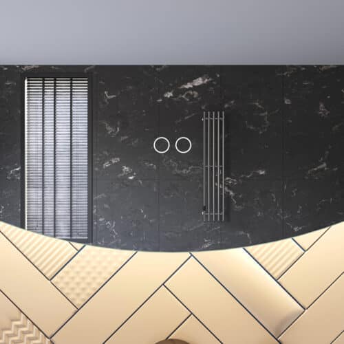 Uitgevoerd met een dubbele touch schakelaar in het spiegelglas; linker touch knop voor het gelijktijdig in- en uitschakelen van de verlichting en de verwarming, inclusief geïntegreerde dimfunctie voor de verlichting, rechter touch knop om traploos de gewenste kleur van de verlichting in te stellen