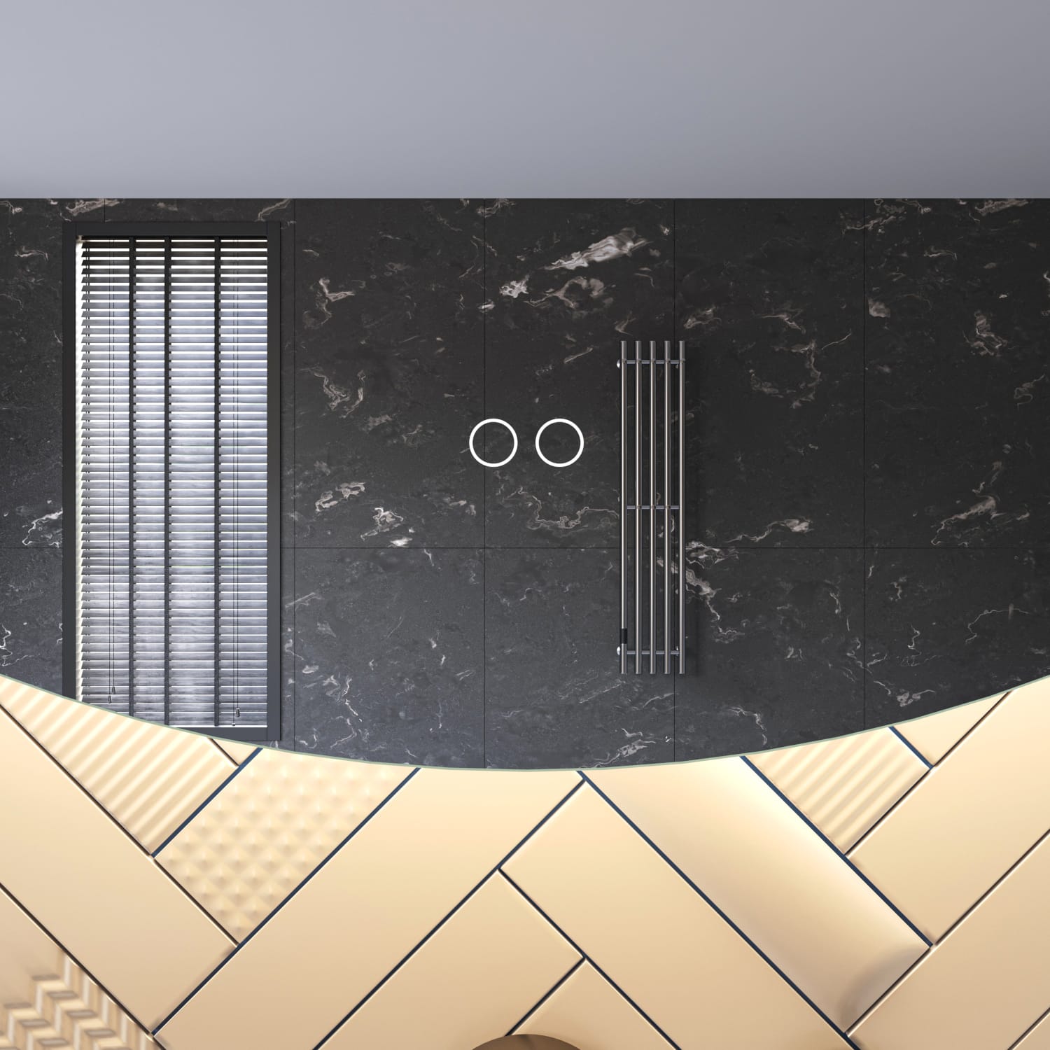 Uitgevoerd met een dubbele touch schakelaar in het spiegelglas; linker touch knop voor het gelijktijdig in- en uitschakelen van de verlichting en de verwarming, inclusief geïntegreerde dimfunctie voor de verlichting, rechter touch knop om traploos de gewenste kleur van de verlichting in te stellen