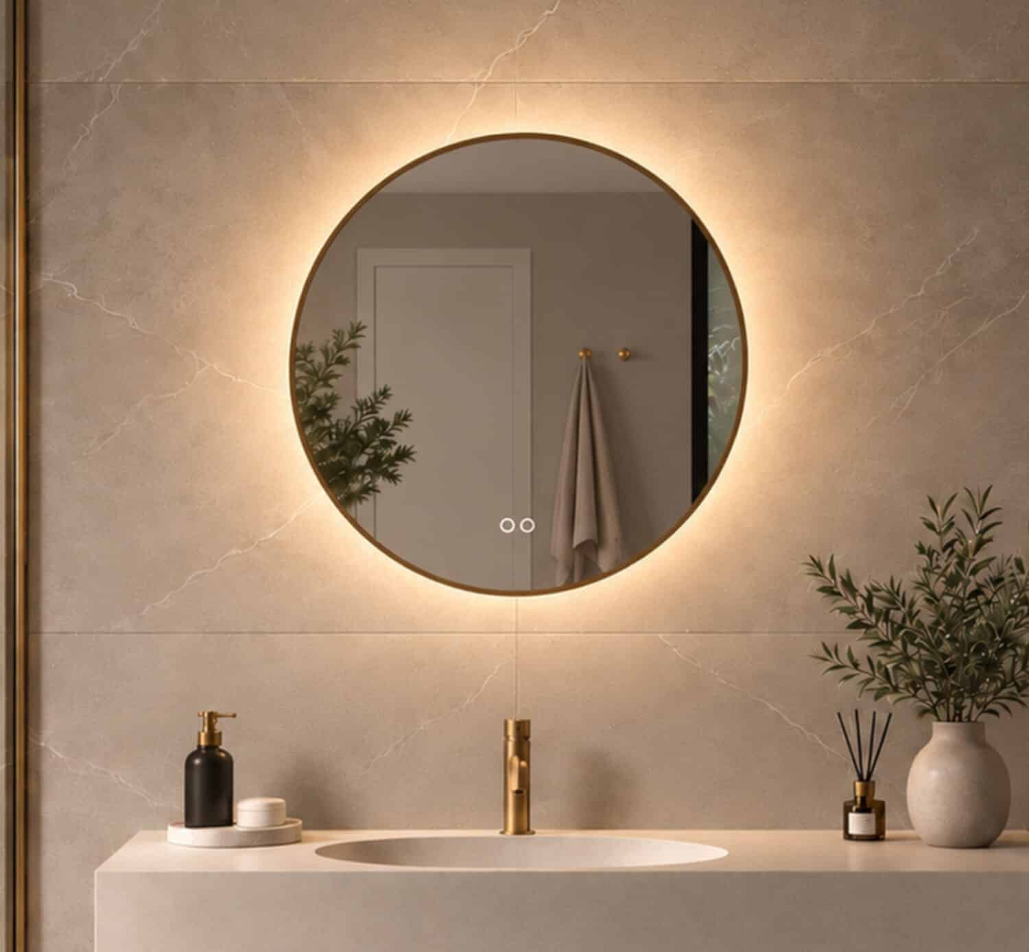 Miroir salle de bain élégant avec cadre en laiton, éclairage intégré et système antibuée