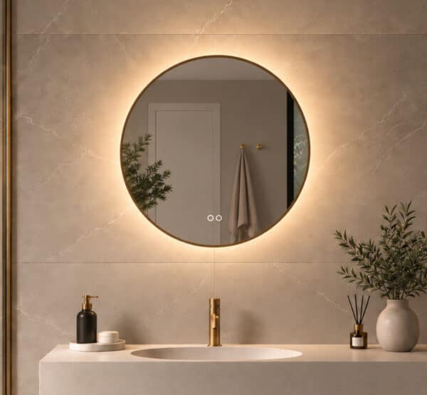 Miroir salle de bain élégant avec cadre en laiton, éclairage intégré et système antibuée