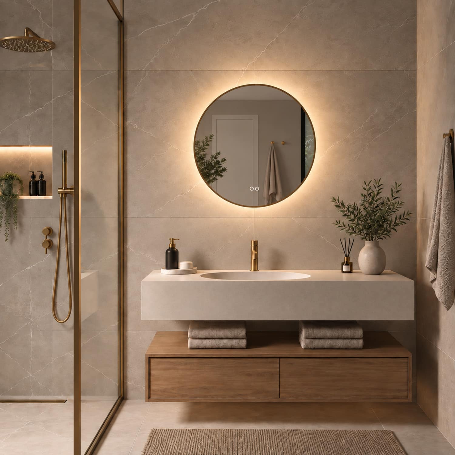 Le chauffage des miroirs intégré s'active automatiquement avec l'éclairage et évite que le miroir ne se condense après, par exemple, une douche, pratique !