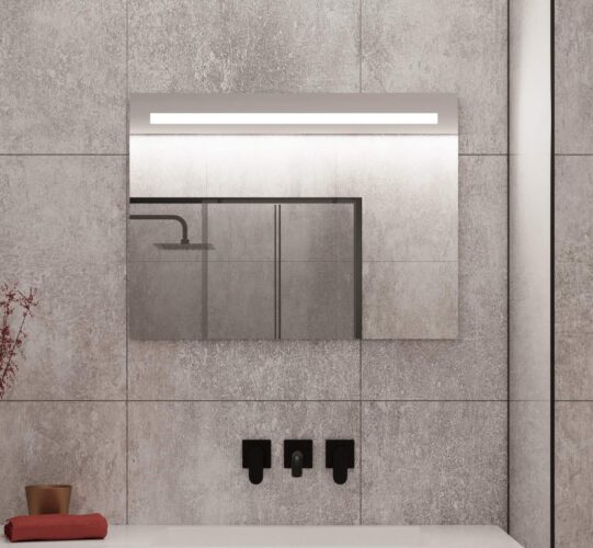 Badkamer spiegel met led verlichting grijze tegel