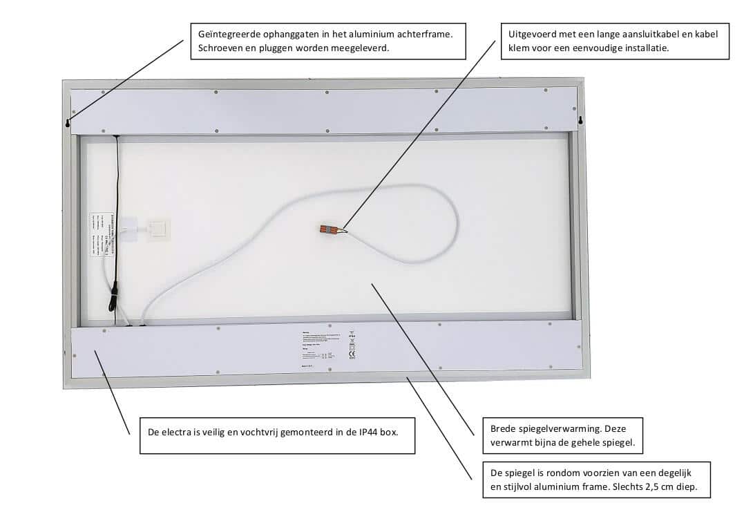 Achterzijde LED spiegel model serie 4030. Afmeting kan afwijken.