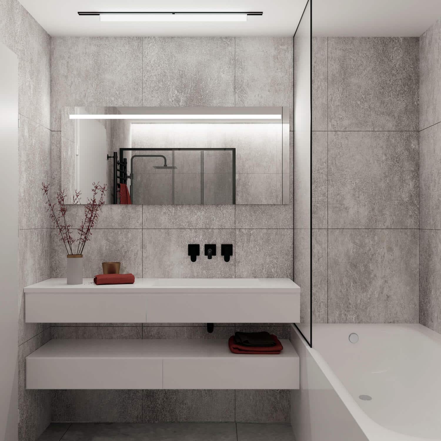 Deze design badkamer spiegel is 140 cm breed, 60 cm hoog en slechts 3 cm diep