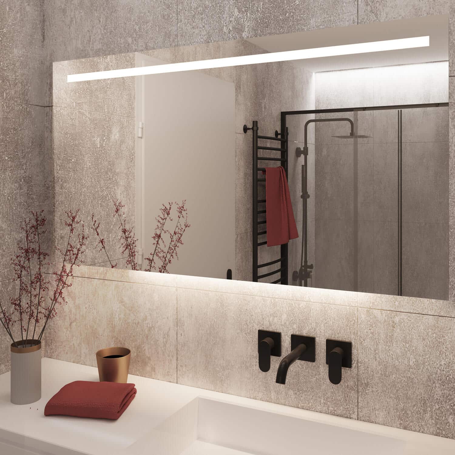 Deze badkamer spiegel is naast verlichting ook voorzien van spiegelverwarming, handig!