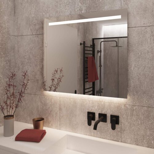Deze badkamer spiegel is 80 cm breed, 70 cm hoog en slechts 3 cm diep