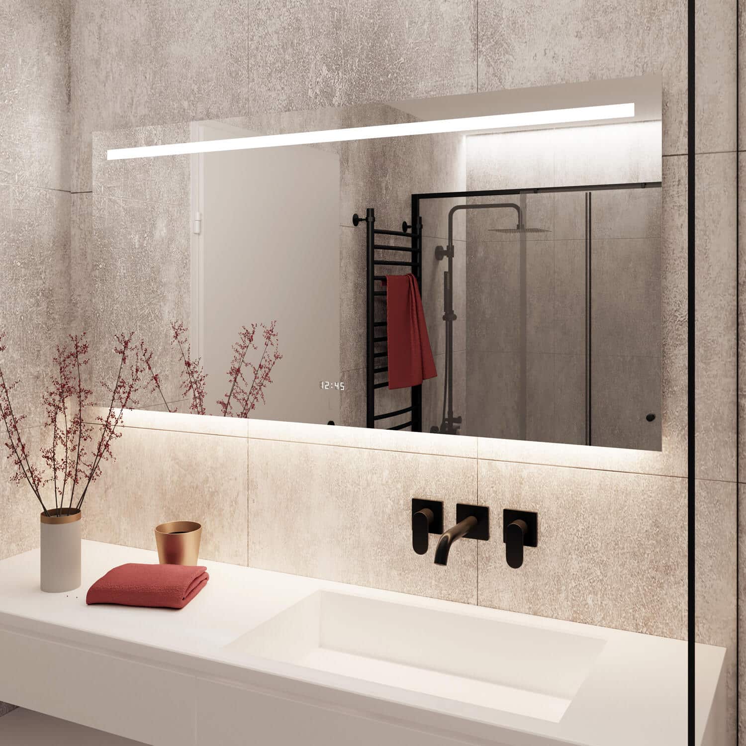 De spiegel is gebouwd op een luxe en strak afgewerkt aluminium achterframe