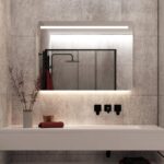 Rechthoekige spiegel met led verlichting grijze wand