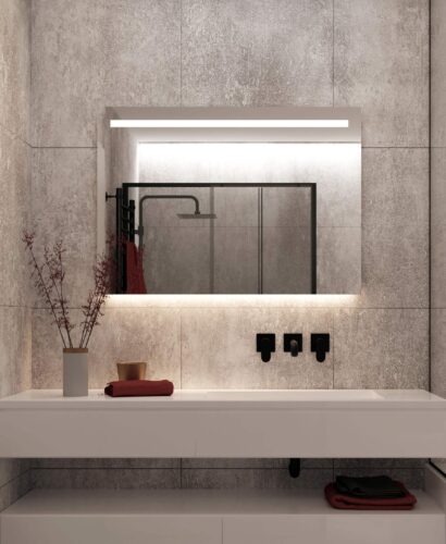 Rechthoekige spiegel met led verlichting grijze wand