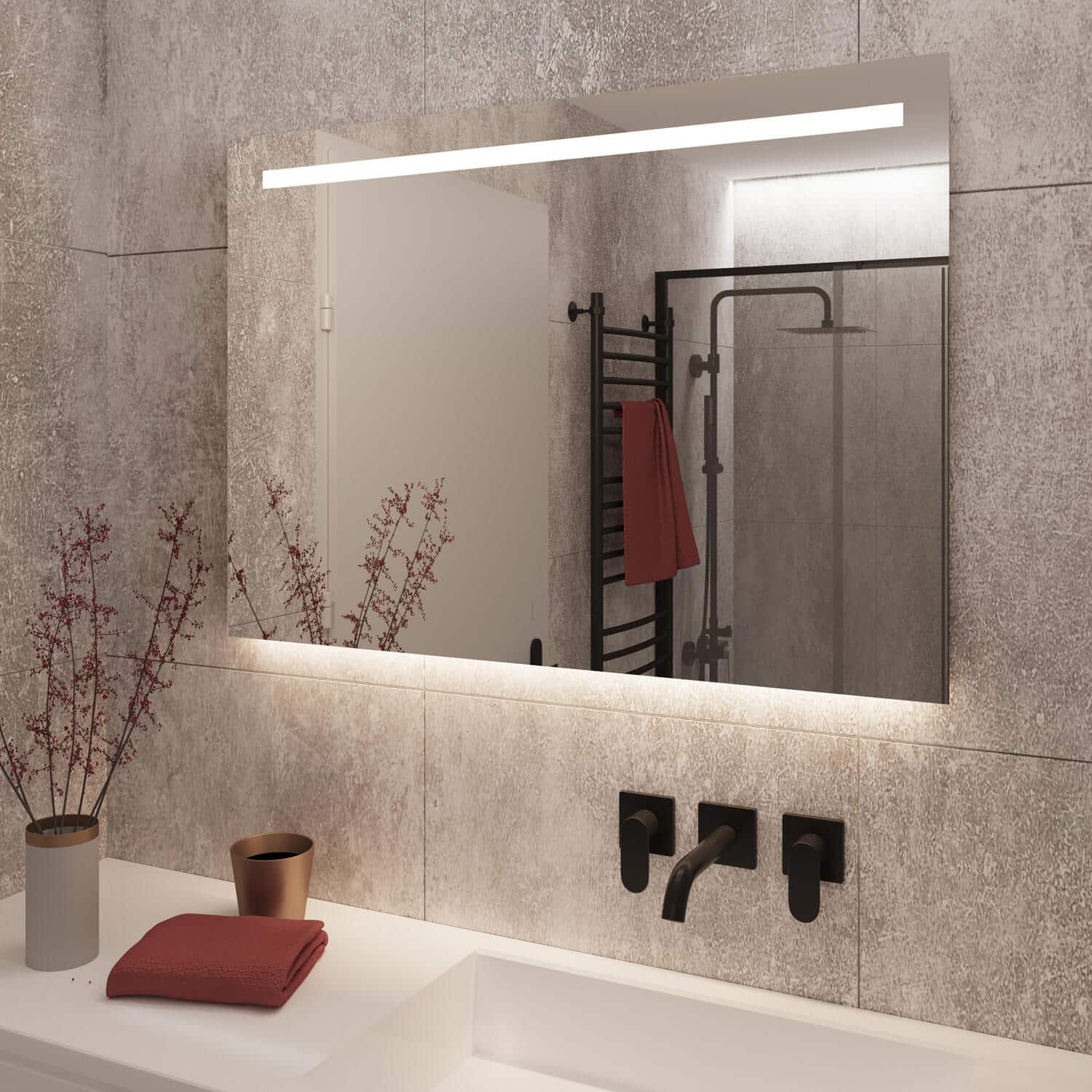 Rechthoekige spiegel met led verlichting grijze wand