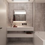 Design LED spiegel in een modern ingerichte badkamer, met witte badkamermeubels, een zwarte douche en grijze betegeling