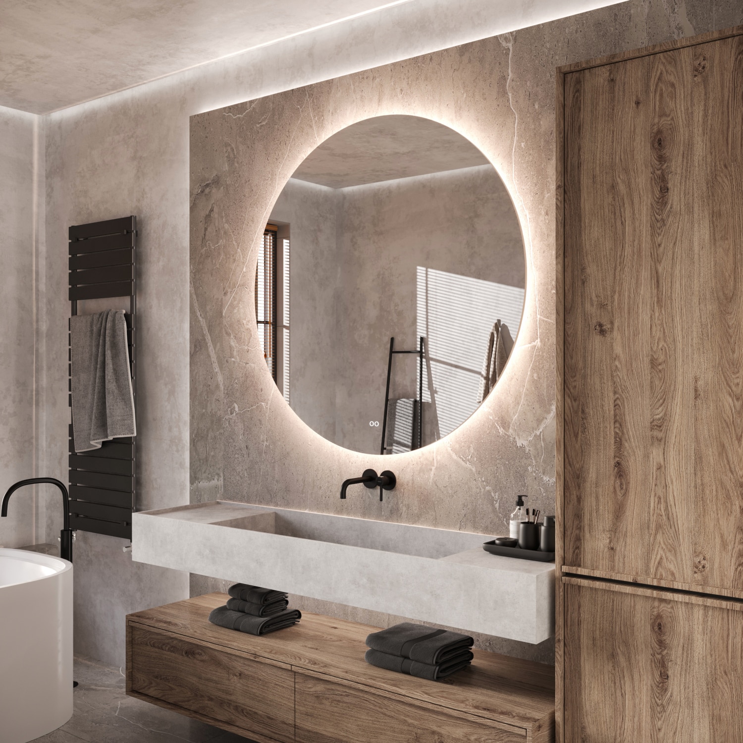 Deze trendy ronde badkamer spiegel heeft een diameter van 120 cm en heeft een diepte van slechts 3 cm