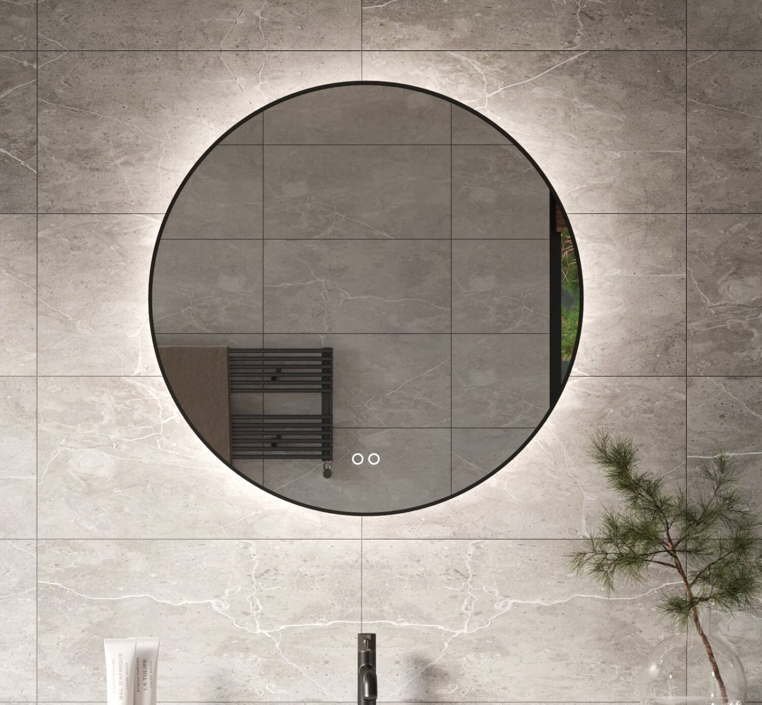 Stijlvolle gun metal badkamer spiegel met verlichting met een diameter van 80 cm