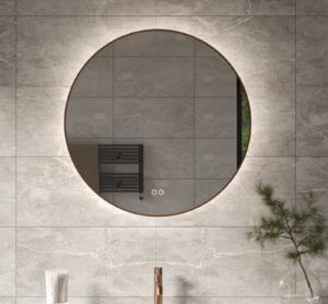 Trendy koperen badkamer spiegel met een diameter van 60 cm