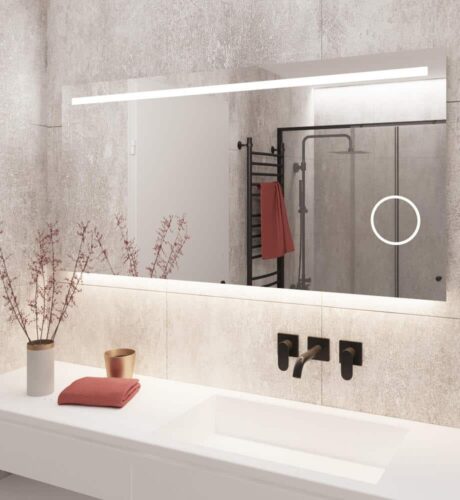 Rechthoekige spiegel met led verlichting en geïntegreerde make up spiegel op grijze wand