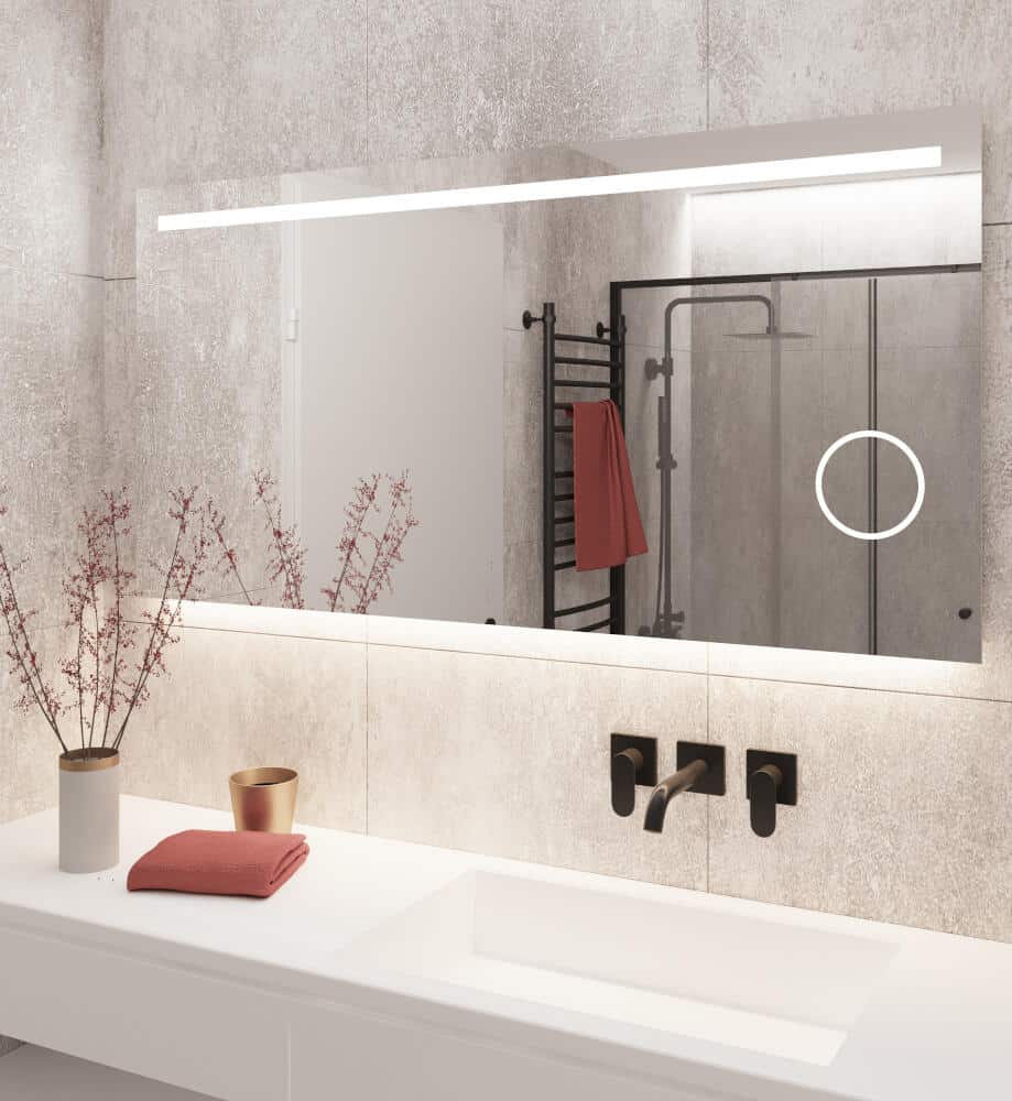 Rechthoekige spiegel met led verlichting en geïntegreerde make up spiegel op grijze wand