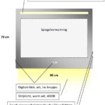 Technische tekening van een badkamerspiegel van 90cm breed en 70cm hoog