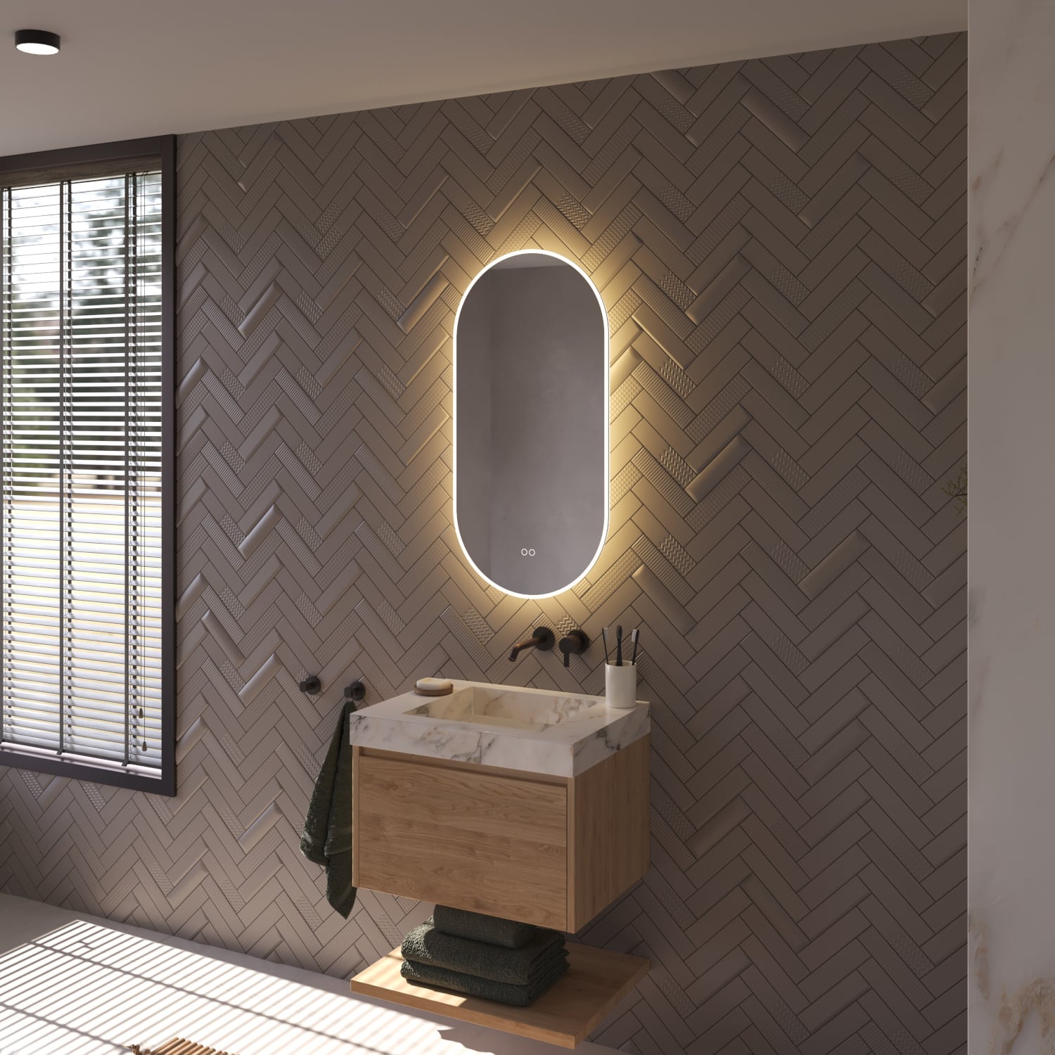 Le miroir est livré entièrement prêt à être raccordé et se fixe facilement au mur à l'aide des instructions et du matériel d'accrochage fournis.