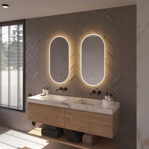 Disposez-vous d'un large meuble de salle de bain avec 2 robinets ou de 2 meubles de salle de bain séparés ? Pensez alors à 2 miroirs côte à côte. Voir le lien dans la description pour le miroir de gauche.