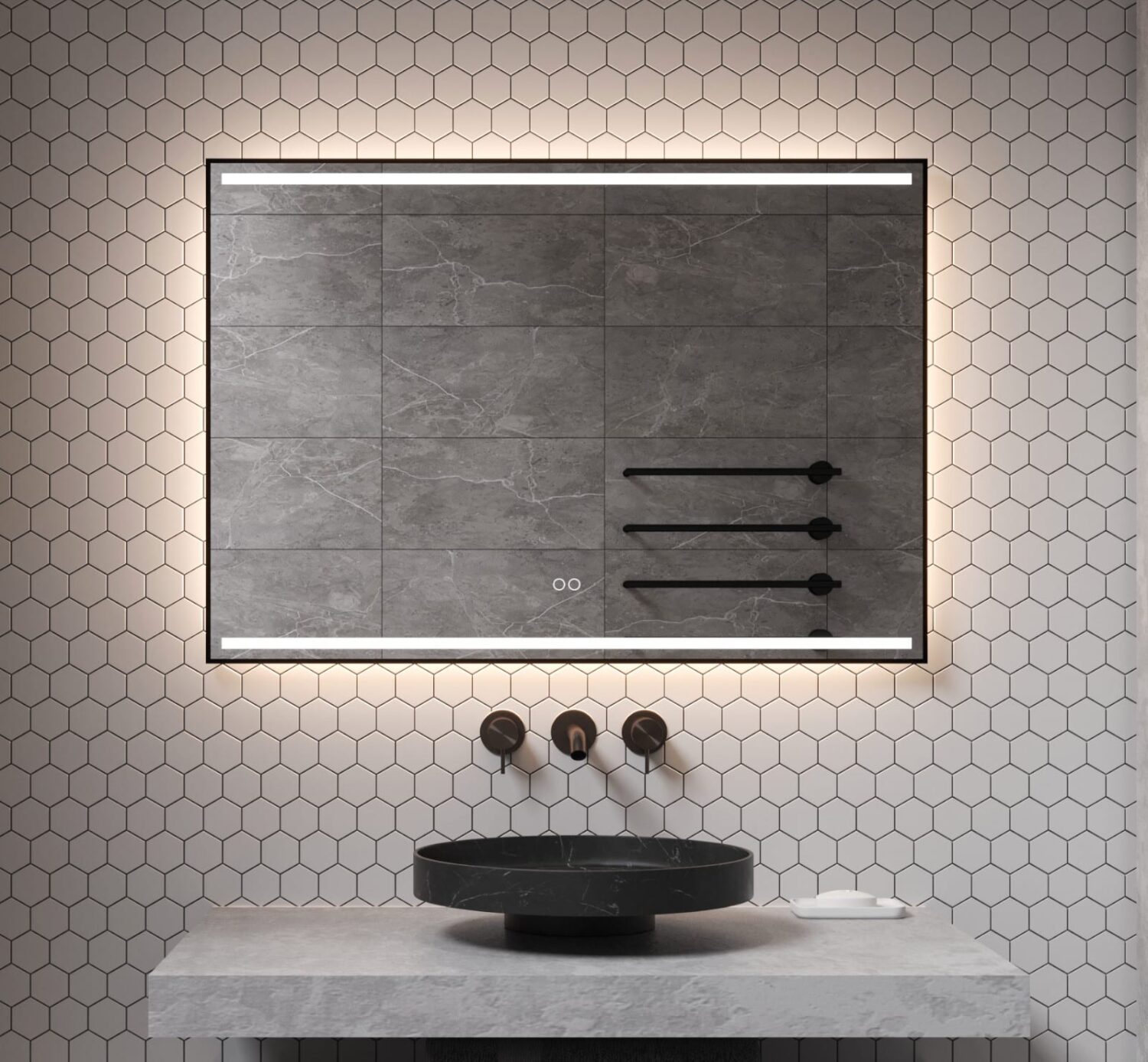 Luxe badkamerspiegel rondom uitgevoerd met een stijlvol mat zwart frame