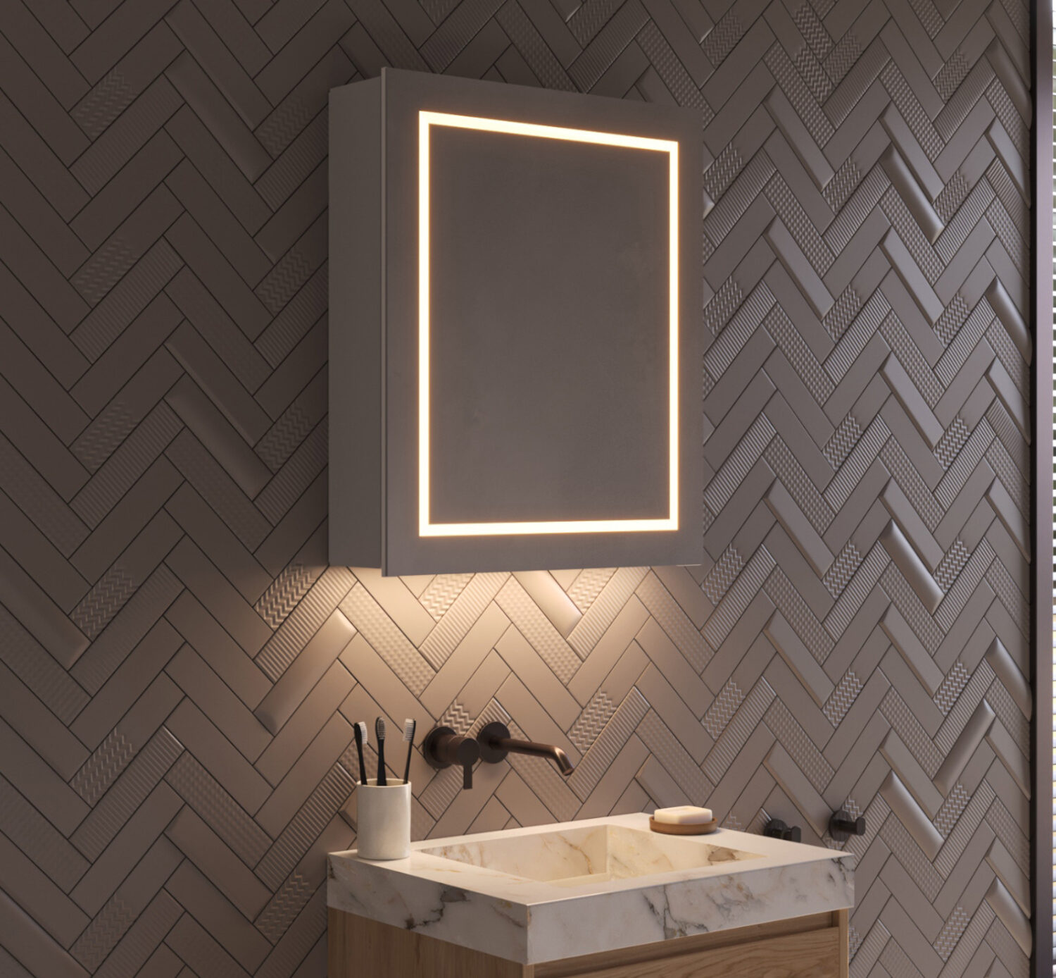 Cette belle armoire miroir design en aluminium est équipée de toutes les commodités, telles qu'un éclairage, un dégivrage de miroir, une prise avec USB, des charnières à fermeture douce et un interrupteur pratique avec capteur marche-arrêt.