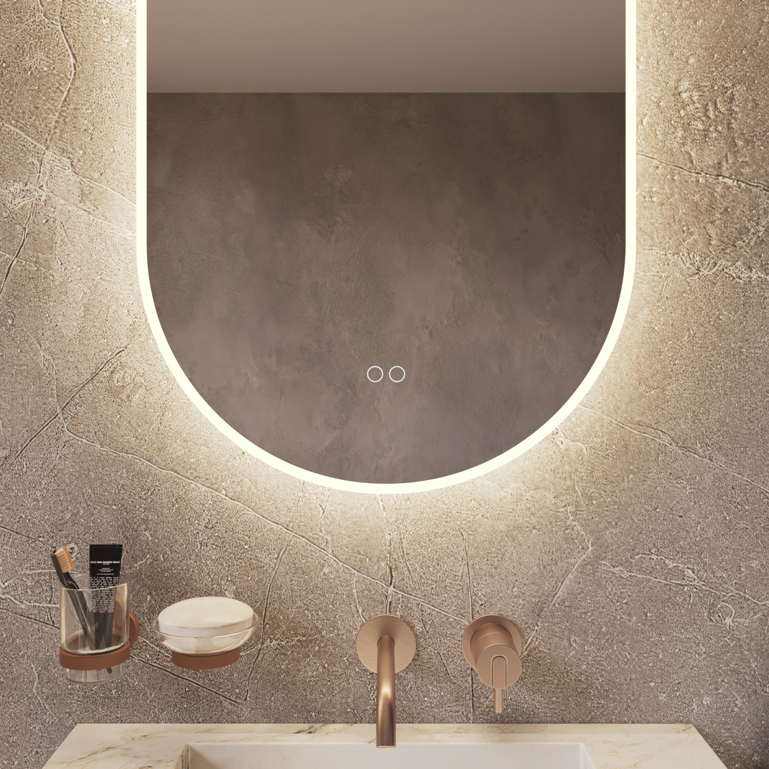 Uitgevoerd met een dubbele touch schakelaar in het spiegelglas; linker touch knop voor het gelijktijdig in- en uitschakelen van de verlichting en de verwarming, inclusief geïntegreerde dimfunctie voor de verlichting, rechter touch knop om traploos de gewenste kleur van de verlichting in te stellen