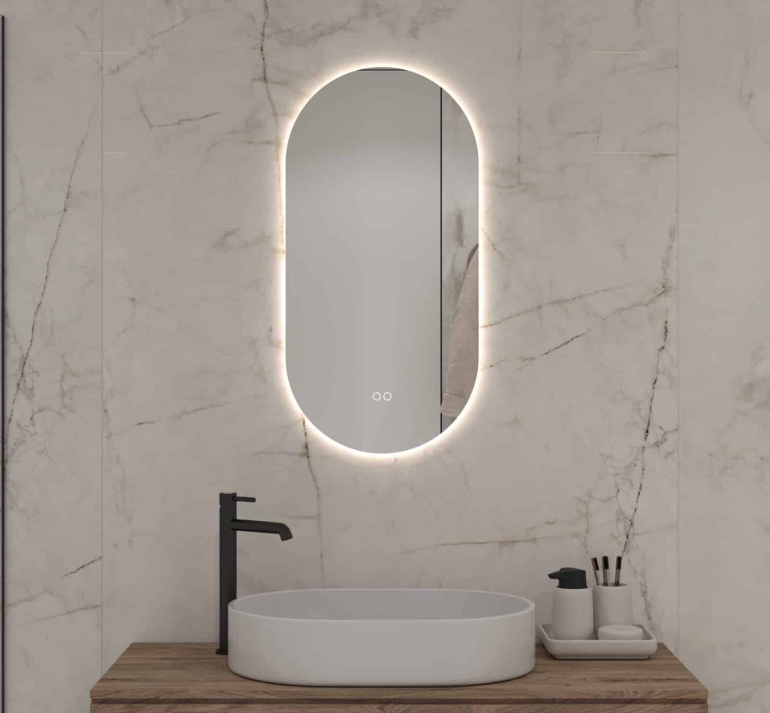 Smalle ovale badkamerspiegel met ingebouwde verlichting, spiegelverwarming en dubbele touch schakelaar