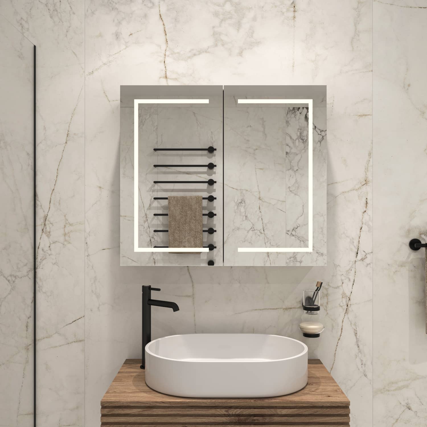 Deze alu badkamer spiegelkast met hoge lichtopbrengst is 80 cm breed en 70 cm hoog