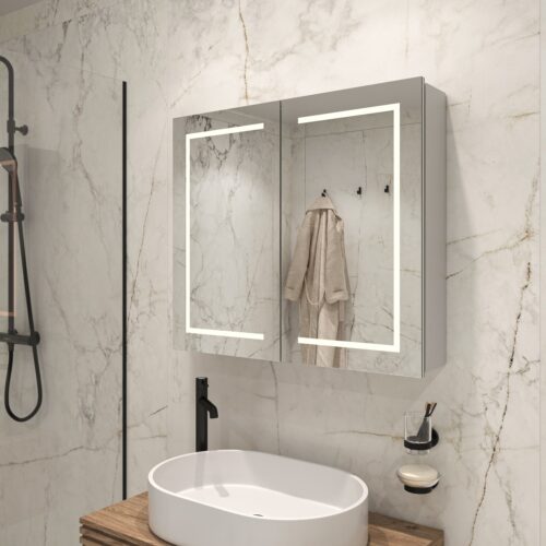 Bij deze aluminium spiegelkast is zowel de verlichting als de verwarming volledig in de deur geïntegreerd