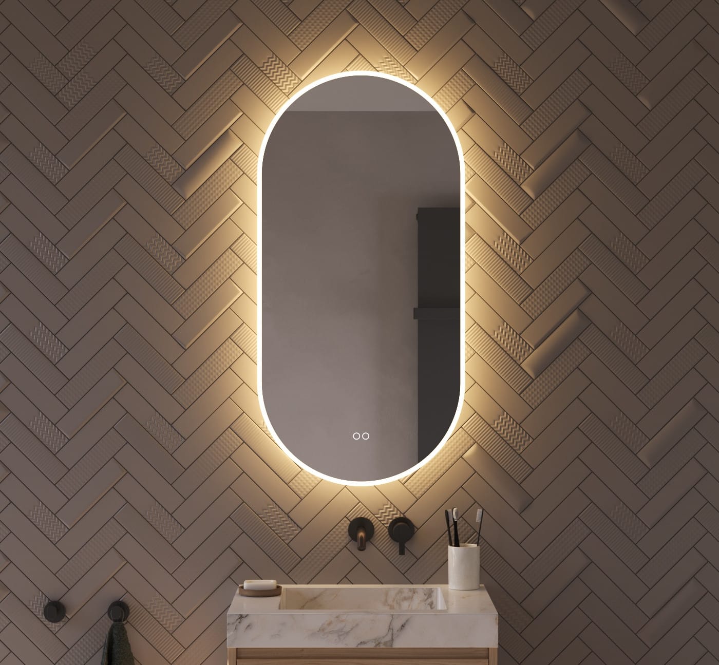 Ce miroir oval vertical pour salle de bain est entièrement équipé, notamment : éclairage et chauffage intégrés, fonction de gradation, couleur de lumière réglable et double commande tactile.