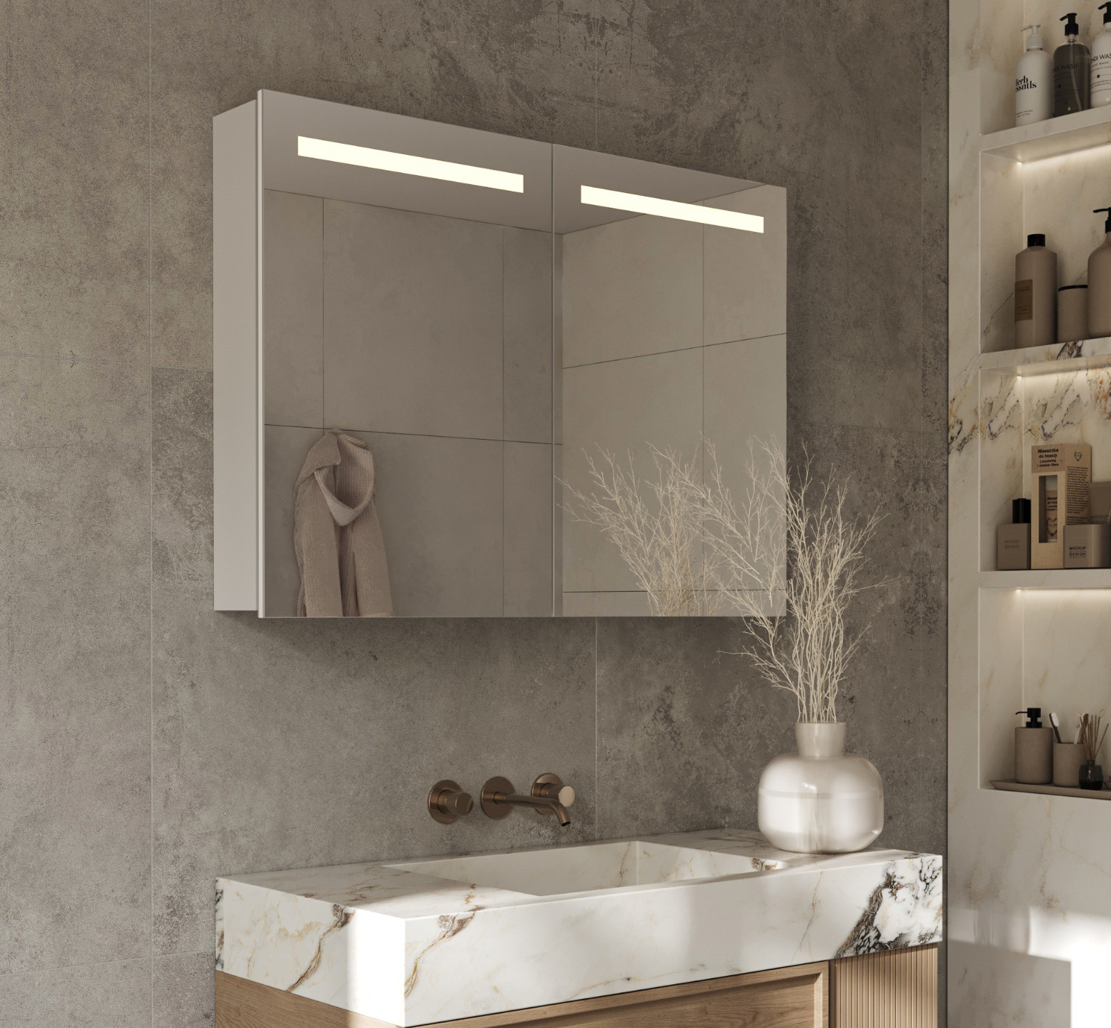Bellanti Castor Spiegelkast 120x70cm Met Indirecte LED Verlichting Onderzijde 2 Deuren Spiegeldeur Sensorswitch Met Zijkant Licht Grijs