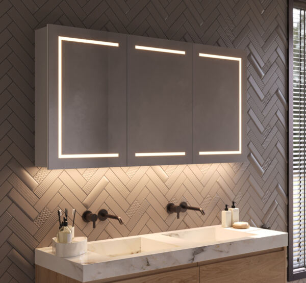 Armoire à glace moderne pour salle de bain, entièrement équipée de : éclairage, dégivrage du miroir, prise double avec USB et commande par capteur.