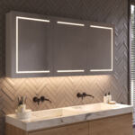 Armoire de salle de bain de luxe en aluminium, équipée d'un éclairage pratique dans les portes et d'un éclairage d'ambiance sur le dessous
