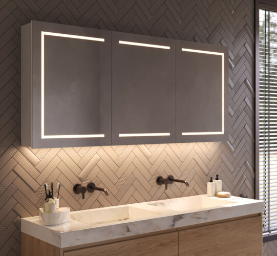 Armoire de salle de bain de luxe en aluminium, équipée d'un éclairage pratique dans les portes et d'un éclairage d'ambiance sur le dessous