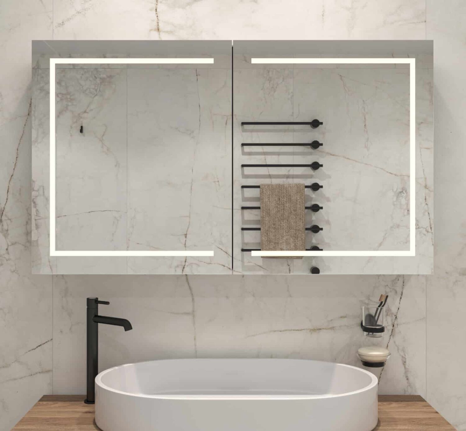 Aluminium design spiegelkast met geïntegreerde verlichting, spiegelverwarming en 2 geaarde stopcontacten