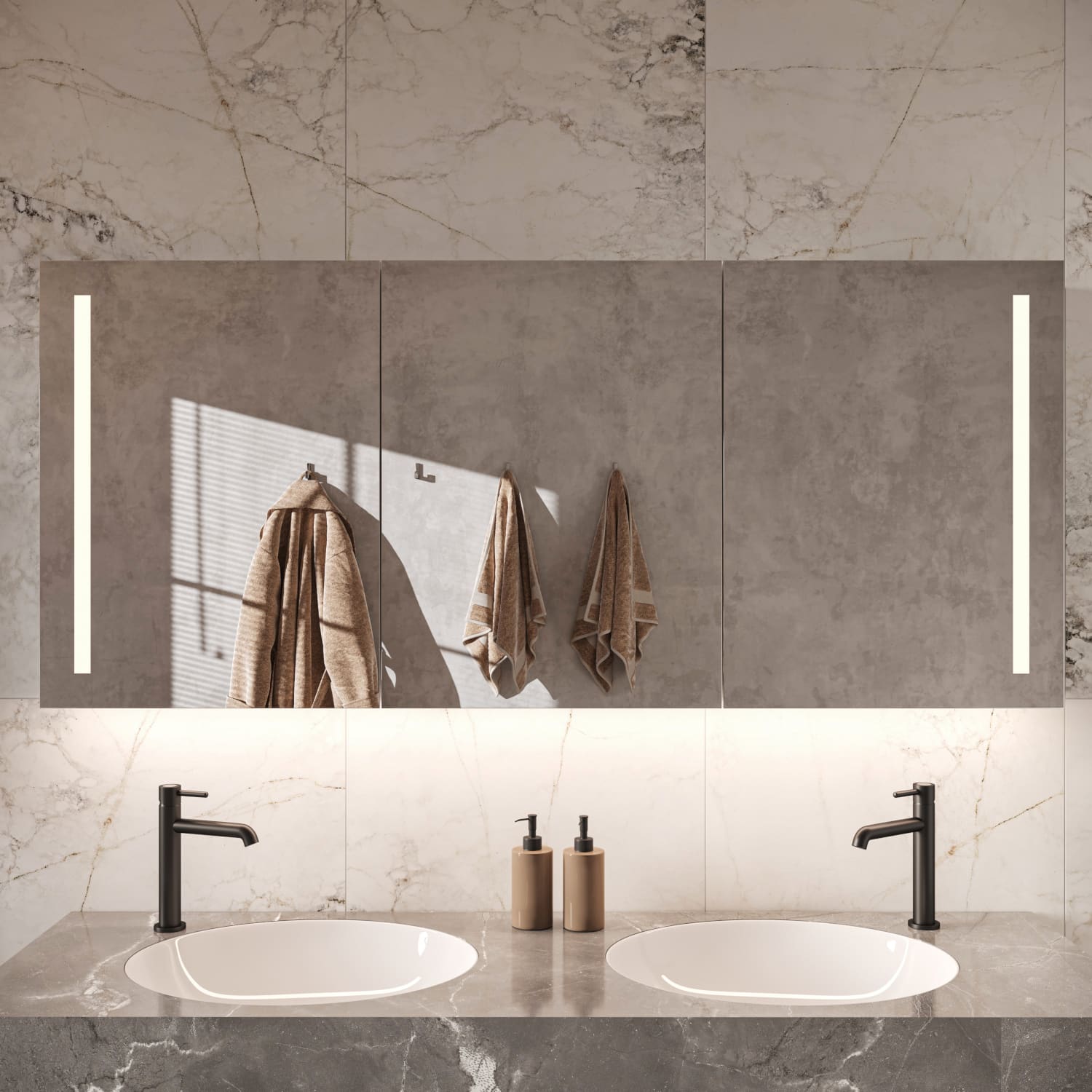 160 cm brede praktische spiegelkast voor in de badkamer, uitgevoerd met geïntegreerde verwarming en verlichting in de deuren en aan de onderzijde van de spiegelkast