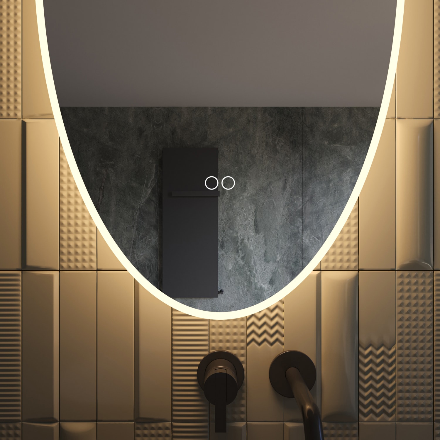 Uitgevoerd met een dubbele touch schakelaar in het spiegelglas; linker touch knop voor het gelijktijdig in- en uitschakelen van de verlichting en de verwarming, inclusief geïntegreerde dimfunctie voor de verlichting, rechter touch knop om traploos de gewenste kleur van de verlichting in te stellen