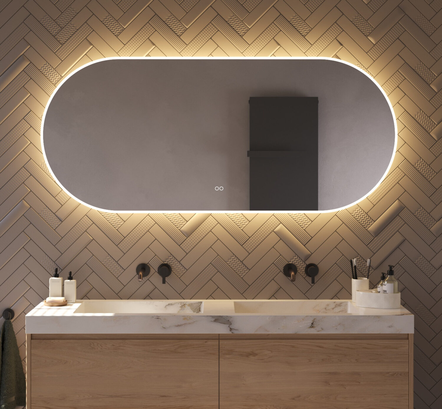 Ce miroir ovale élégant de 160 cm de large pour salle de bain est entièrement équipé, avec par exemple : éclairage intégré et chauffage, fonction de gradation, couleur de lumière réglable et double commande tactile.