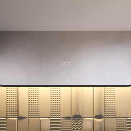 Uitgevoerd met een dubbele touch schakelaar in het spiegelglas; linker touch knop voor het gelijktijdig in- en uitschakelen van de verlichting en de verwarming, inclusief geïntegreerde dimfunctie voor de verlichting, rechter touch knop om traploos de gewenste kleur van de verlichting in te stellen