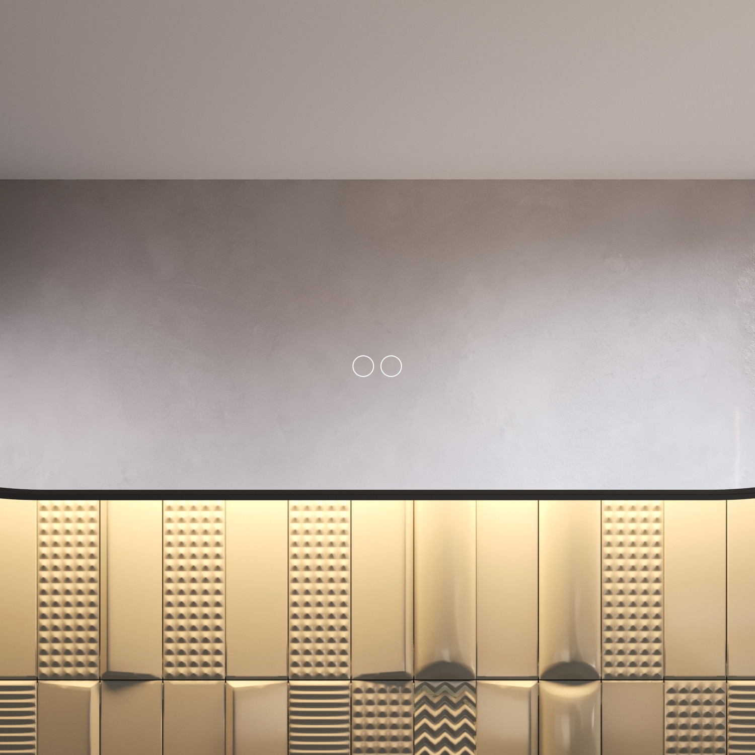 Uitgevoerd met een dubbele touch schakelaar in het spiegelglas; linker touch knop voor het gelijktijdig in- en uitschakelen van de verlichting en de verwarming, inclusief geïntegreerde dimfunctie voor de verlichting, rechter touch knop om traploos de gewenste kleur van de verlichting in te stellen