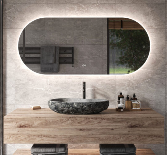 Deze ovale design badkamerspiegel is van alle gemakken voorzien, zoals praktische verlichting, verwarming en een dubbele touch schakelaar met dimfunctie en instelbare lichtkleur