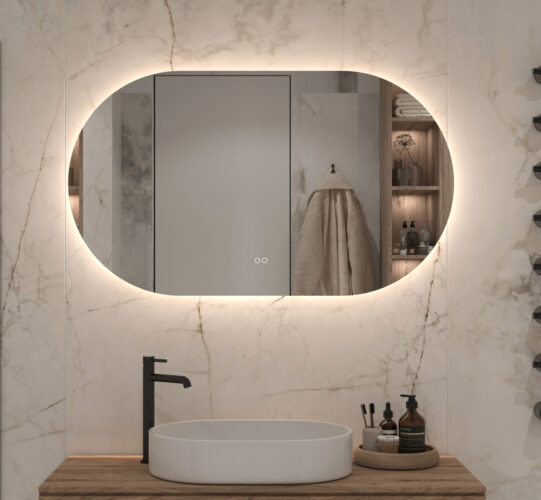 Deze mooi afgewerkte ovale badkamer spiegel is van alle gemakken voorzien, zoals dimbare verlichting, spiegelverwarming en een dubbele touch schakelaar met oa instelbare lichtkleur