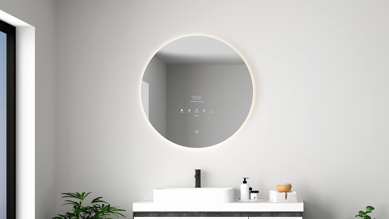 Deze smart spiegel met touch screen heeft een diameter van 80 cm.