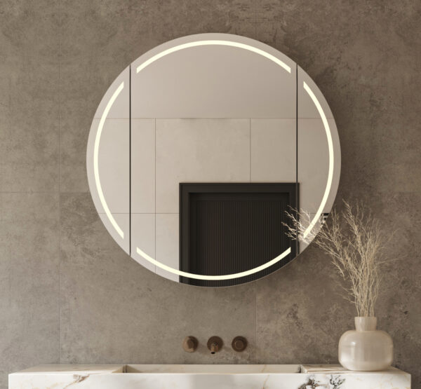 Stijlvolle ronde spiegelkast voor in de badkamer, voorzien van verlichting, spiegelverwarming, stopcontact met USB en sensor schakelaar