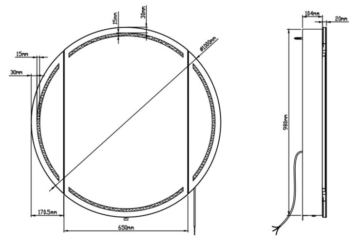 Technische tekening voorzijde ronde badkamer spiegelkast