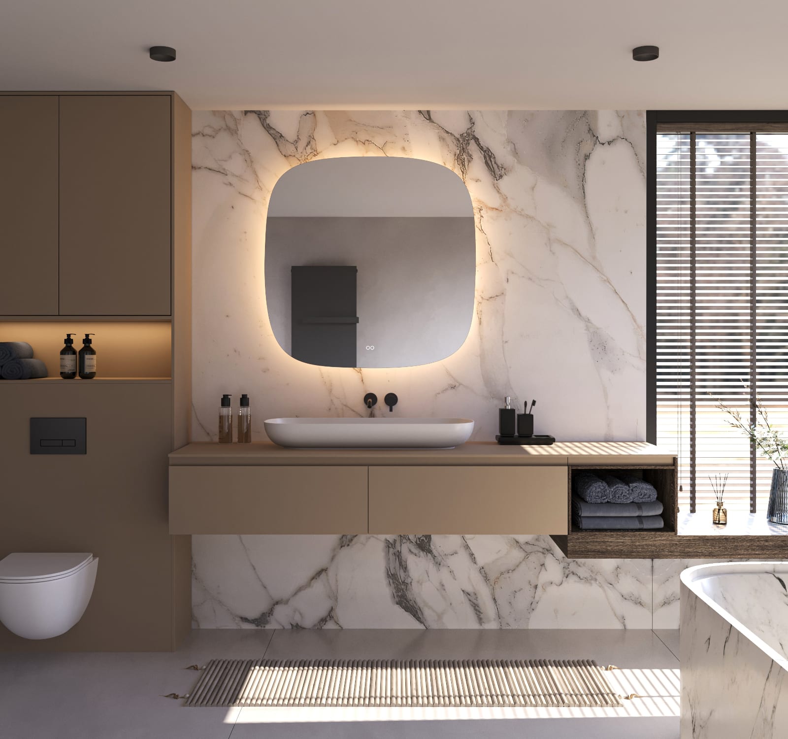 Le chauffage des miroirs intégré s'active automatiquement avec l'éclairage et évite que le miroir ne se condense après, par exemple, une douche, pratique !