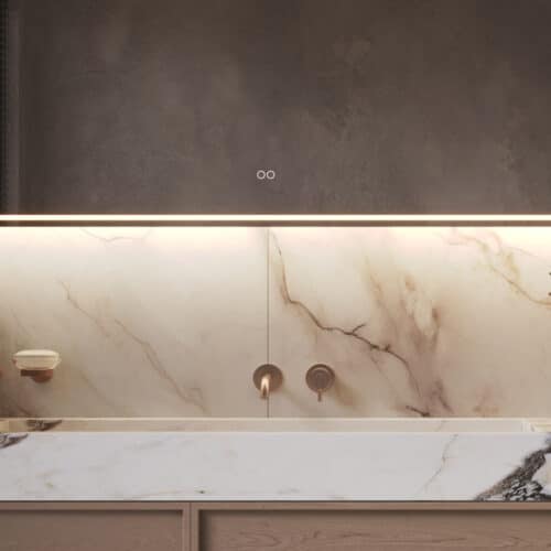 Uitgevoerd met een dubbele touch schakelaar in het spiegelglas; linker touch knop voor het gelijktijdig in- en uitschakelen van de verlichting en de verwarming, inclusief geïntegreerde dimfunctie voor de verlichting, rechter touch knop om traploos de gewenste kleur van de verlichting in te stellen