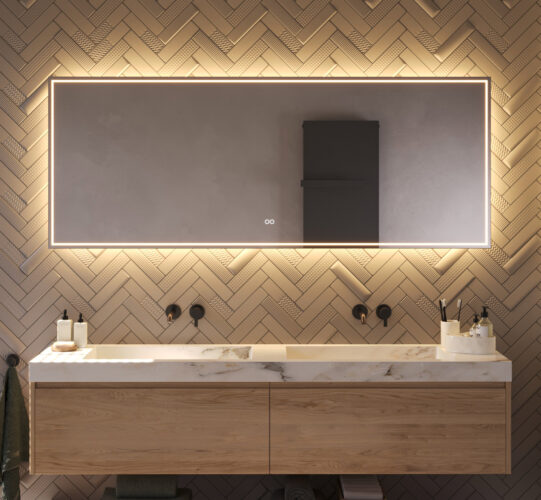 Deze stijlvolle 180 cm brede badkamer spiegel is van alle gemakken voorzien, zoals: verlichting, spiegelverwarming, dimfunctie en een instelbare lichtkleur